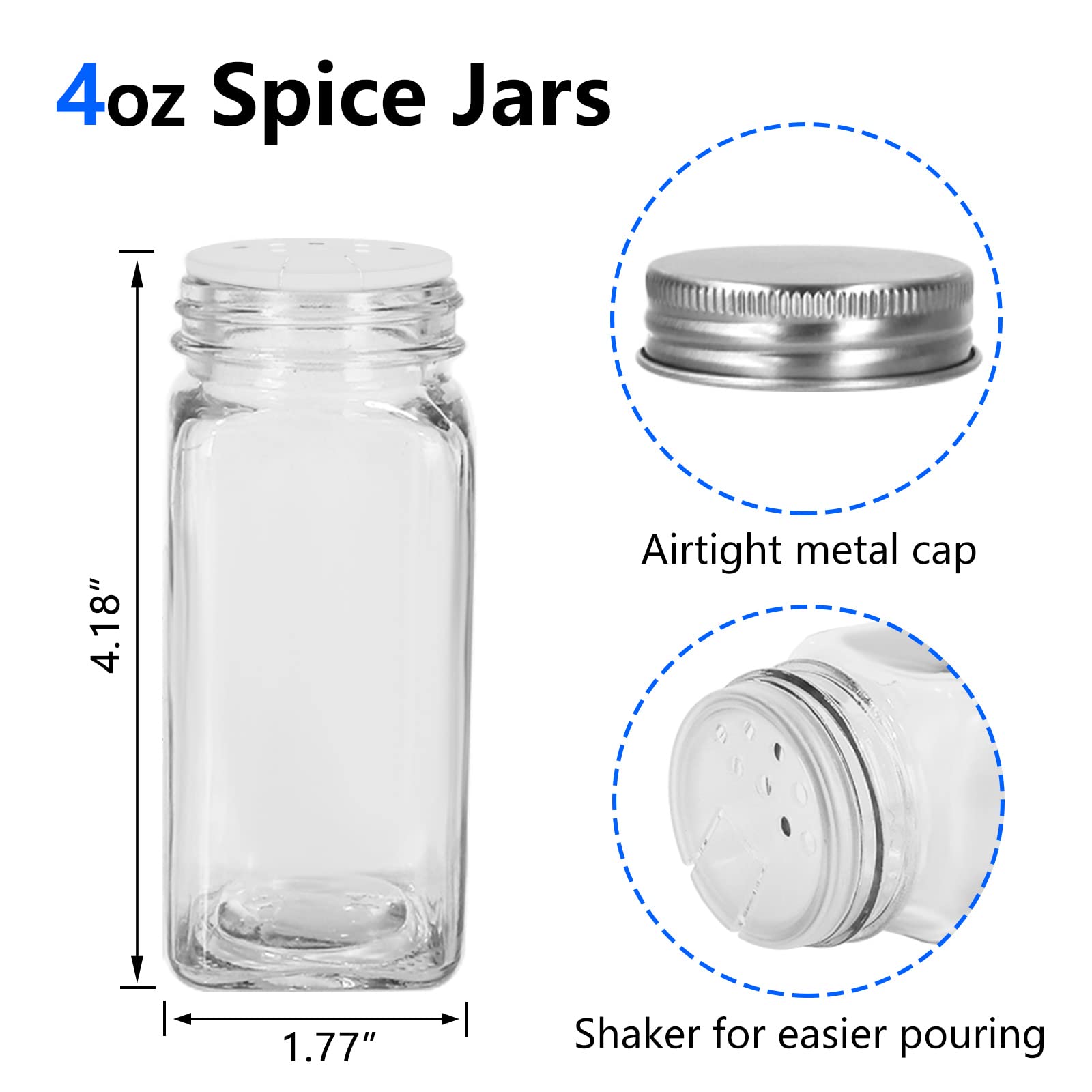 Keketin 30 Pack Glass Spice Jars 4 oz with Labels, Empty Square Spice bottles Seasoning Containers with Silver Caps and Shaker Lids(80 Black Labels,1 Funnel,1 Pen and 1 Brush Included)