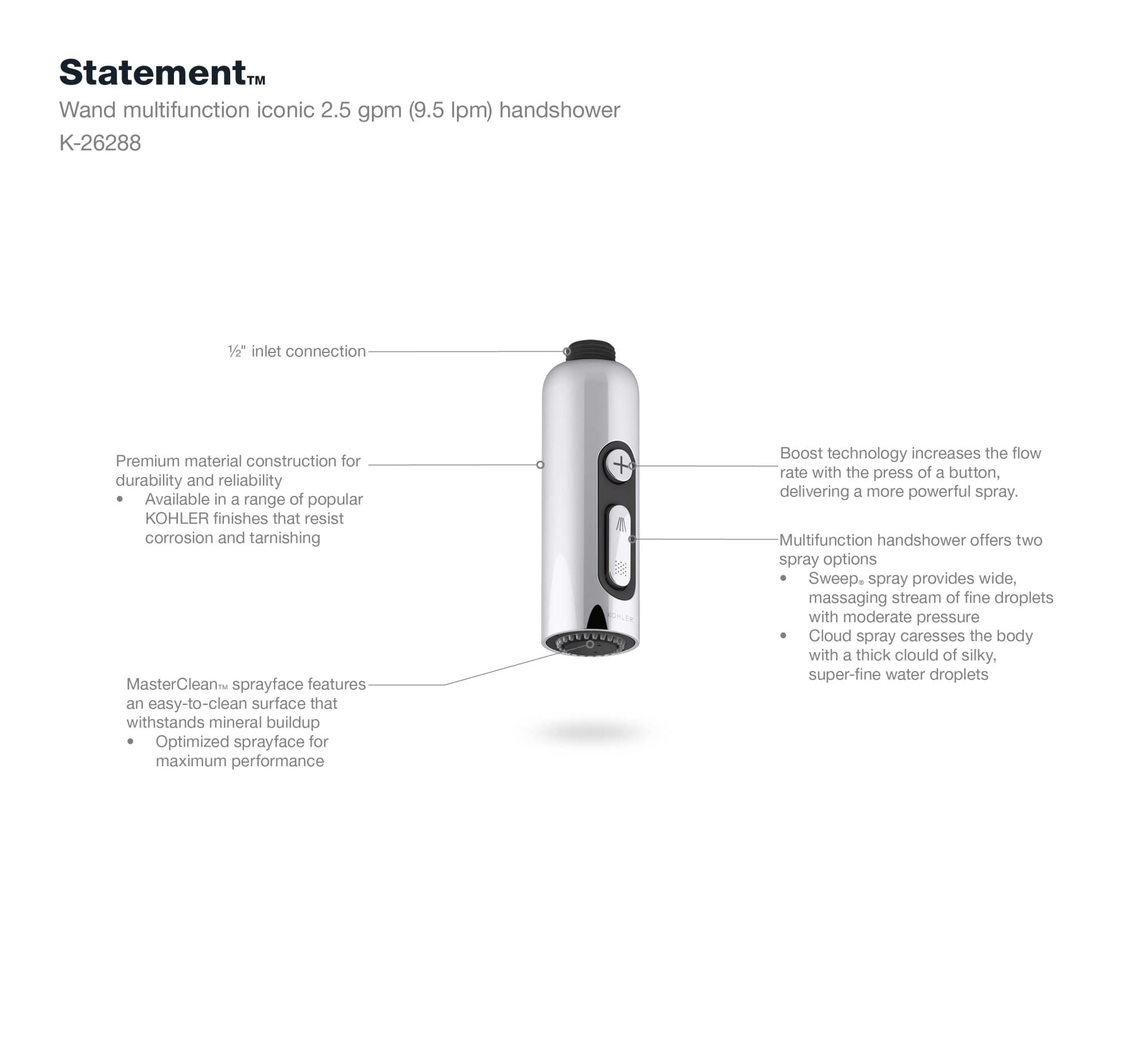 KOHLER 26288-BL Statement Two-Function HAND SHOWER Wand, Maximum Spray Performance with Mode Selector Buttons, Matte Black, 2.5 GPM