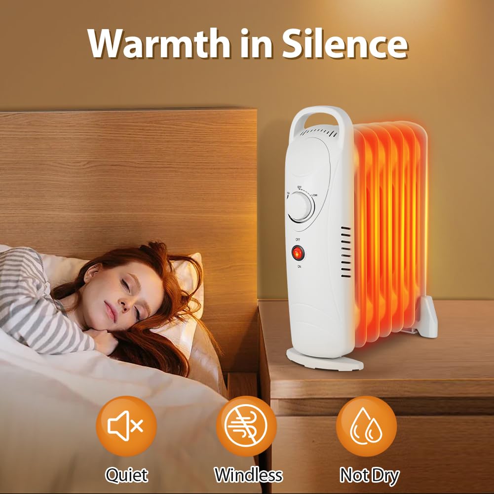 LifePlus Oil Filled Heater, Portable Radiant Space Heater with Energy Saving, Overheat Safety, 700W Small Space Heater Quiet Work for Bedroom, Indoor use (White)