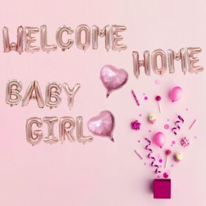 Welcome Home Baby Girl Balloon Banner for Baby Shower Decorations, Baby Gender Reveal Party Supplies (RosGold 16 inch)