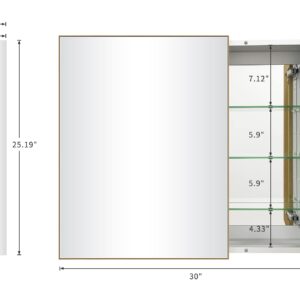 FOMAYKO Bathroom Medicine Cabinet with Farmhouse Gold Metal Framed 26(H) x30(W) Inches Double Sided Mirror Door Recess or Surface Mount Mirror Cabinet for Bathroom Toilet Kitchen