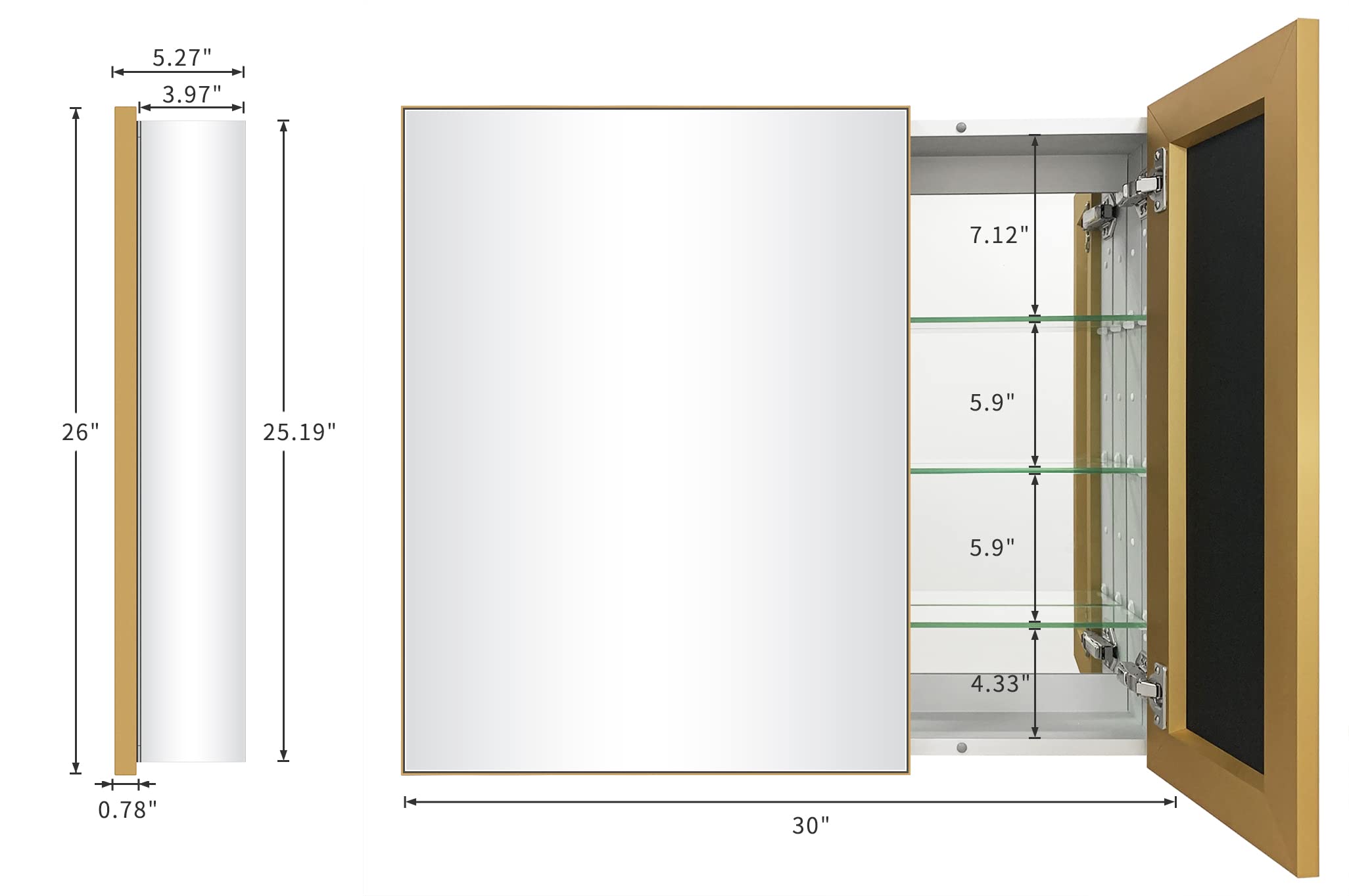 FOMAYKO Bathroom Medicine Cabinet with Farmhouse Gold Metal Framed 26(H) x30(W) Inches Double Sided Mirror Door Recess or Surface Mount Mirror Cabinet for Bathroom Toilet Kitchen