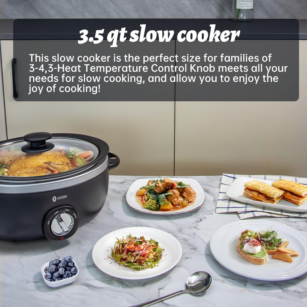 ICOOK USC-35-OP001BK 3.5 Quart Slow Cooker,Aluminium Sear/Sauté Stew Pot Stovetop safe,Dishwasher Safe,Glass Lid,Adjustable Temp,Food Warmer,Black