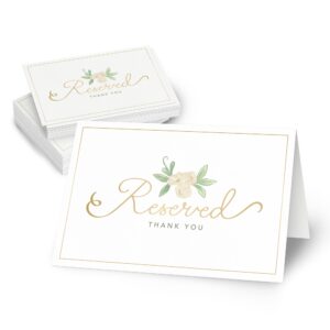 rileys & co 25 pack white and gold reserved table signs for wedding receptions, parties, and events, double sided golden foil print and elegant floral design, 4x6 inches