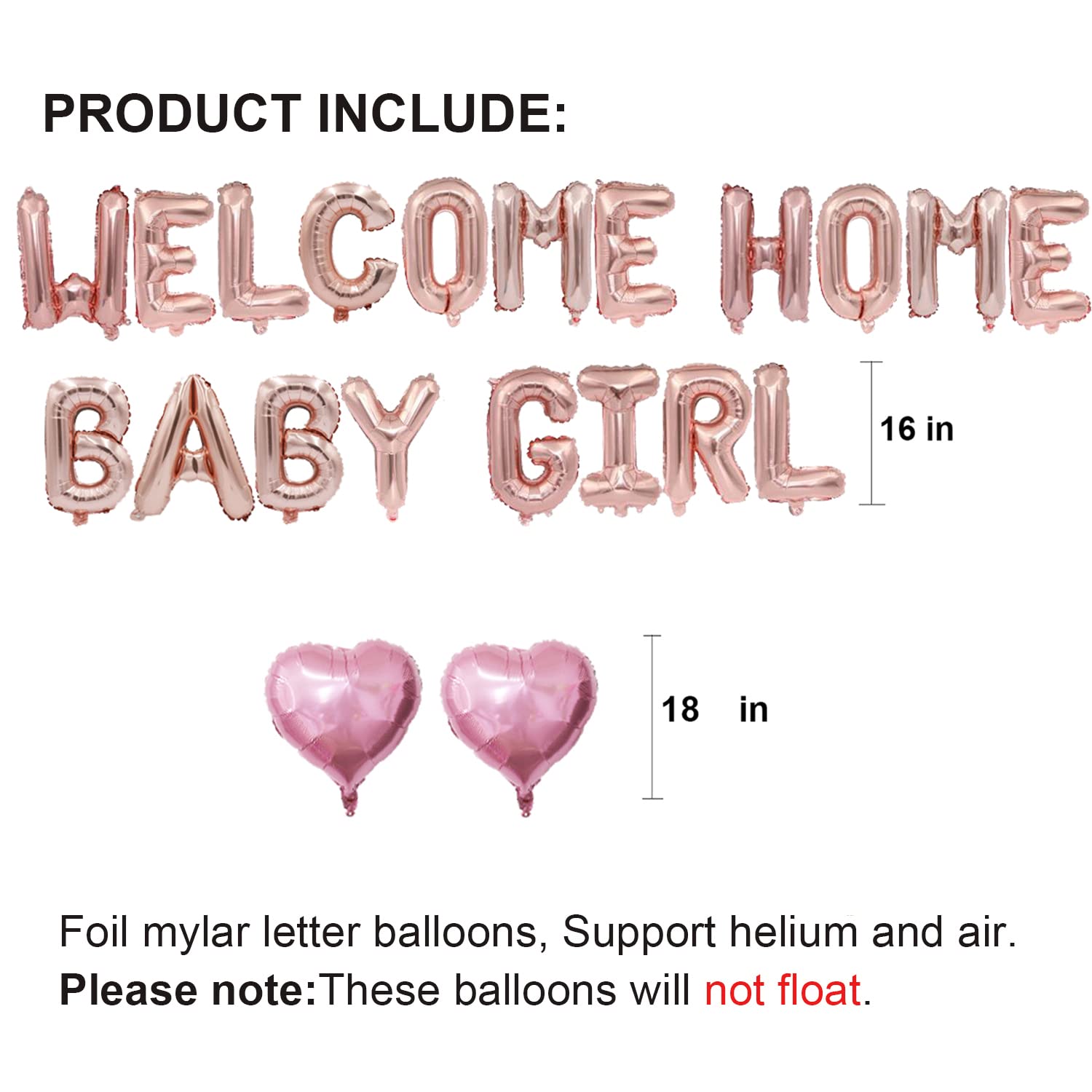 Welcome Home Baby Girl Balloon Banner for Baby Shower Decorations, Baby Gender Reveal Party Supplies (RosGold 16 inch)