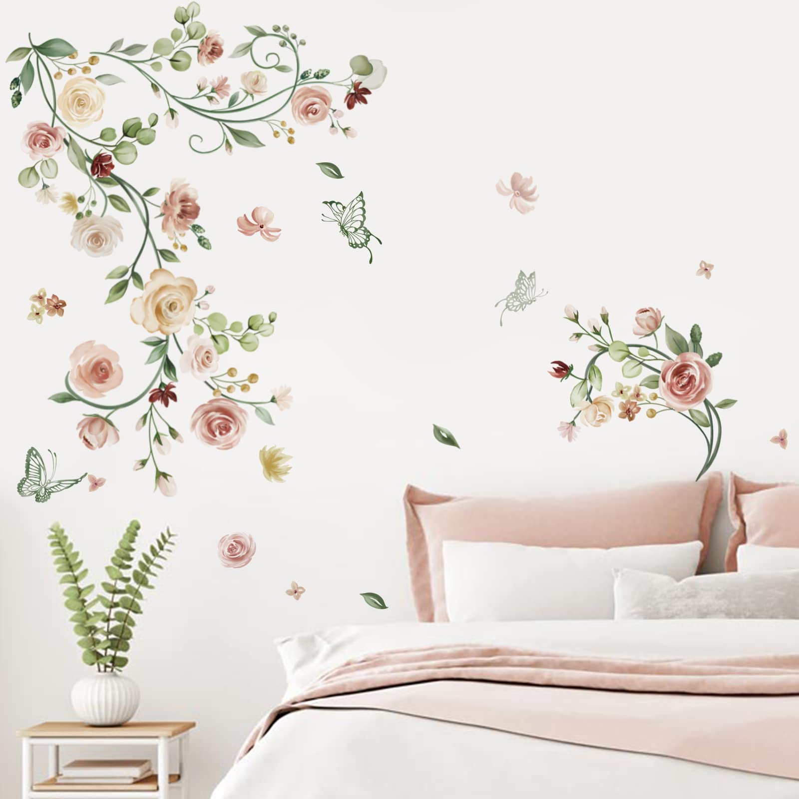 wondever Rose Vine Flower Wall Stickers Watercolor Garden Floral Peel and Stick Wall Art Decals for Bedroom Living Room TV Wall