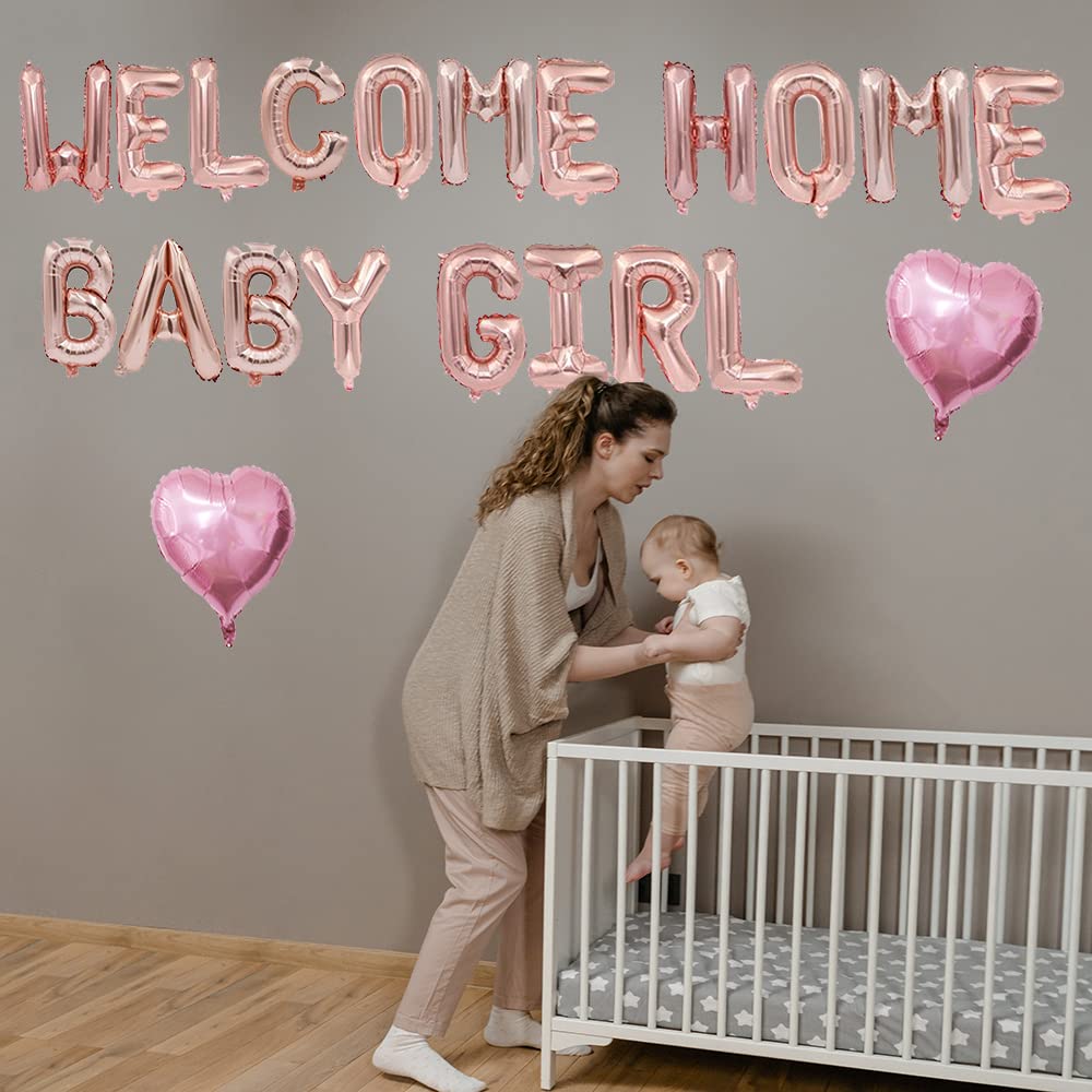 Welcome Home Baby Girl Balloon Banner for Baby Shower Decorations, Baby Gender Reveal Party Supplies (RosGold 16 inch)