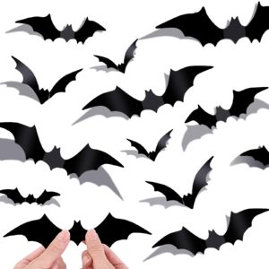 kijamilee 96pcs halloween bats decoration, 3d bats wall decor, 4 different sizes realistic pvc black scary bat sticker for home decor diy wall decal bathroom office indoor hallowmas party supplies