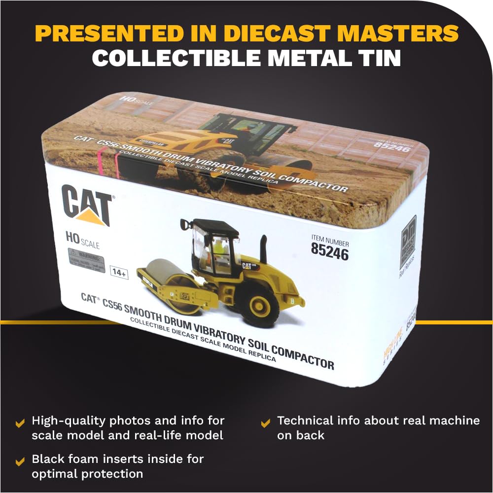 Diecast Masters 1:87 Caterpillar CS56 Smooth Drum Vibratory Soil Compactor - HO Models 85246 - Functioning Wheels & Rolling Drum