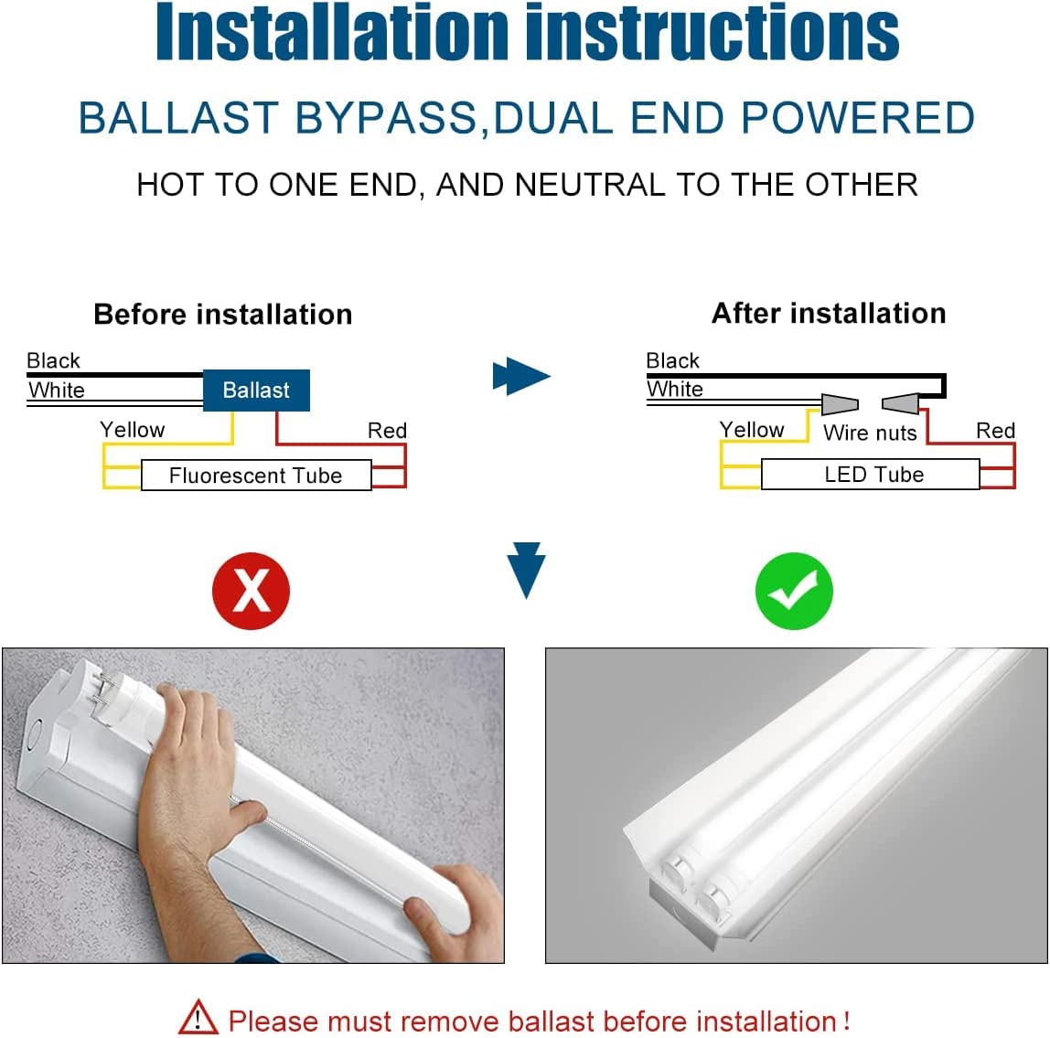 JESLED Dimmable T8 LED Type B Light Bulbs 4 Foot, 3120+Lumens, 5000K Daylight White, 24W (65W Equivalent), 4FT Fluorescent Tube Replacement, Ballast Bypass, Dual Ended Power, Frosted, 4-Pack