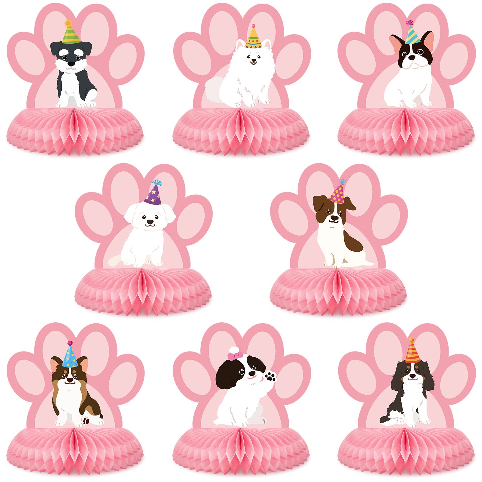 Ferraycle 8 Pcs Dog Themed Party Table Decorations Pink Dog 3D Honeycomb Centerpieces Dog Birthday Party Supplies Dog Centerpieces Decorations for Puppy Paw Print Birthday Supplies Baby Shower