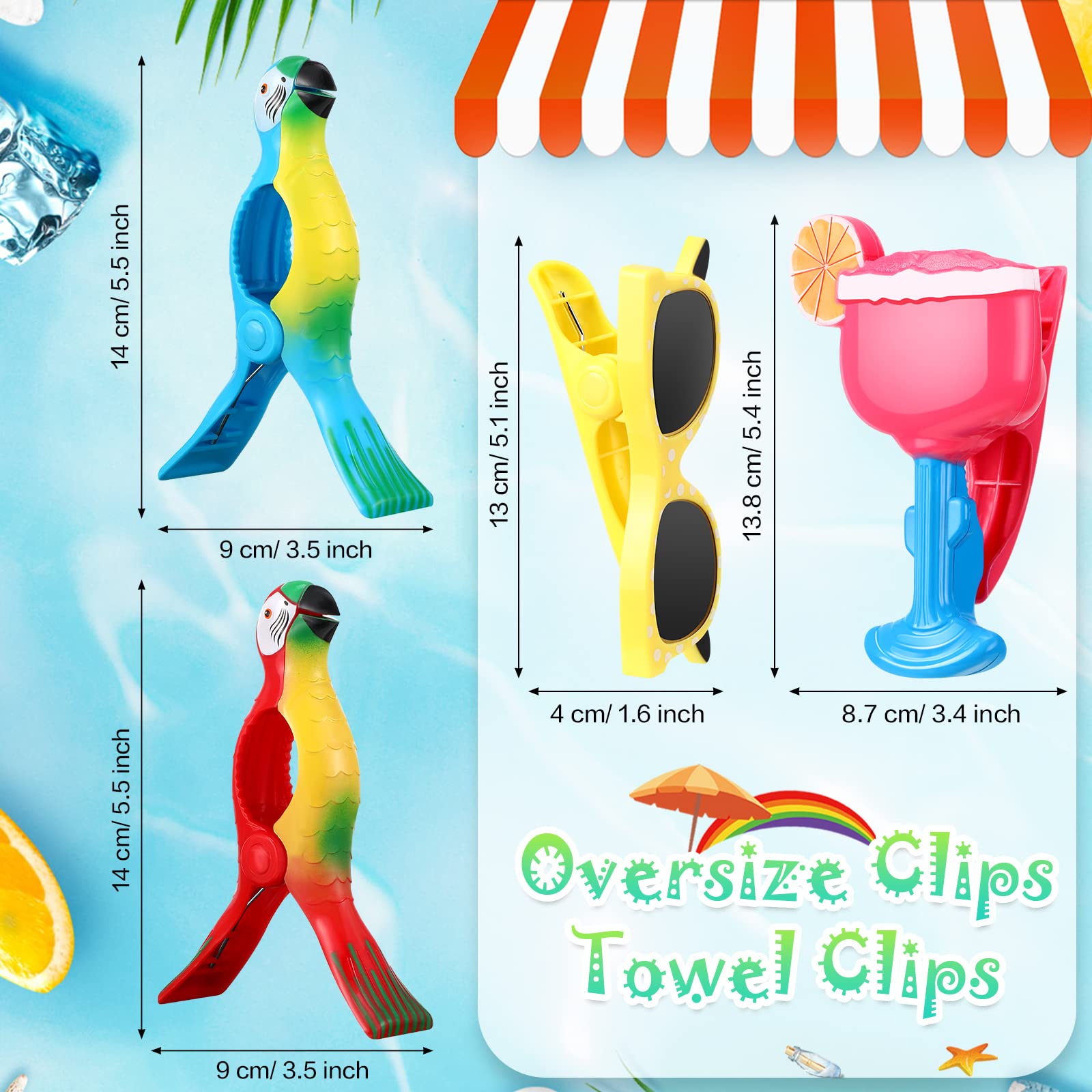 20 Pcs Beach Towel Clips Plastic Beach Chair Clips Flamingo Parrot Watermelon Pineapple Ice Cream Portable Swimming Pool Towel Holder Funny Clothespins for Christmas Party Gift Pool Blanket Decoration