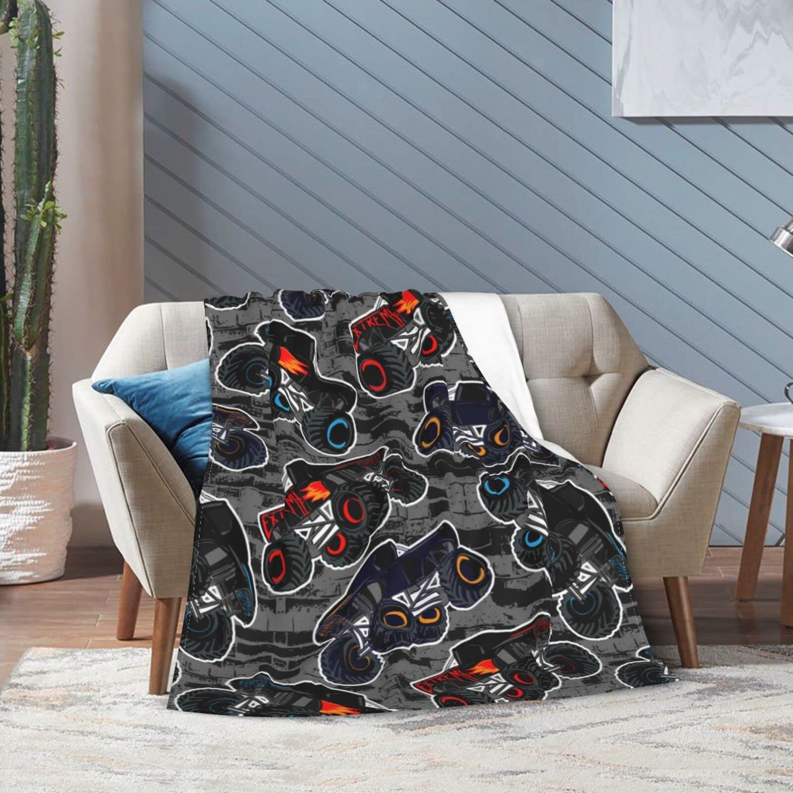 Perinsto Monster Truck Boys Style Throw Blanket Ultra Soft Warm All Season Decorative Fleece Blankets for Bed Chair Car Sofa Couch Bedroom 60"X50"