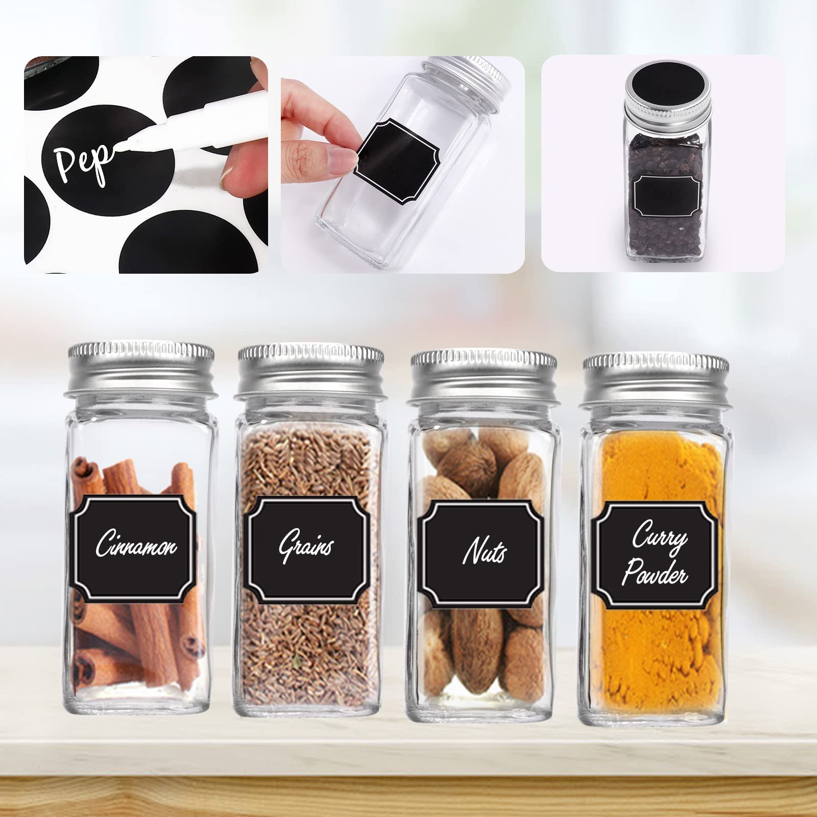 Keketin 30 Pack Glass Spice Jars 4 oz with Labels, Empty Square Spice bottles Seasoning Containers with Silver Caps and Shaker Lids(80 Black Labels,1 Funnel,1 Pen and 1 Brush Included)