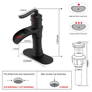 Waterfall Bathroom Faucet GGStudy Black Single Handle One Hole Farmhouse Matte Black Bathroom Vanity Faucet Basin Mixter Tap Deck Mount with Drain Assembly