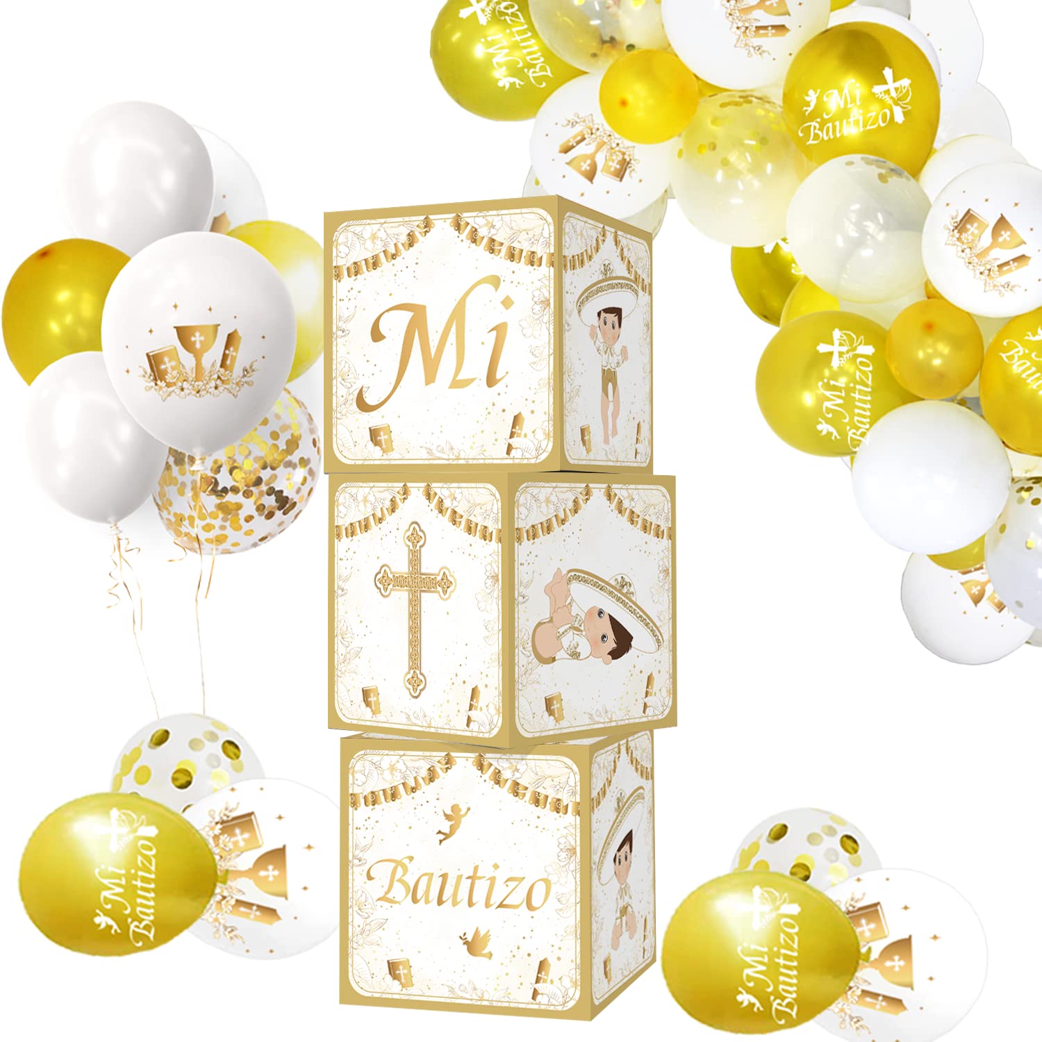 Mexico Mi Bautizo Boxes Decorations Stereoscopic Gold Mi Bautizo Boy Baptism Boxes With Balloons for Boy God Bless,Baptism Party Decoration Christening Photo Background Baby Boy First Holy Communion