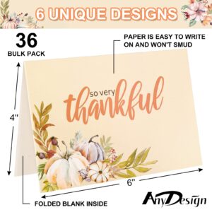 AnyDesign Watercolor Autumn Greeting Cards Bulk 36 Pack Thanksgiving Pumpkin Greeting Cards with Matching Seal Sticker Envelopes Thankful Note Cards for Wedding Baby Shower Birthday Stationery