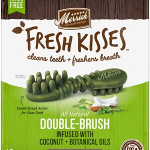 (2 Pack) Merrick Fresh Kisses Double-Brush Dental Dog Treats, Infused with Coconut & Botanical Oils and Mint Breath Strips, Cleans & Freshens Breath for Large Dogs, 16 Dental Dog Treats/Pack (Large)