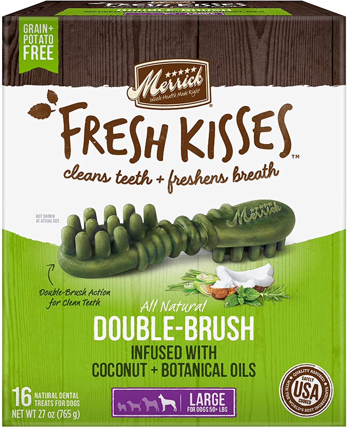 (2 Pack) Merrick Fresh Kisses Double-Brush Dental Dog Treats, Infused with Coconut & Botanical Oils and Mint Breath Strips, Cleans & Freshens Breath for Large Dogs, 16 Dental Dog Treats/Pack (Large)