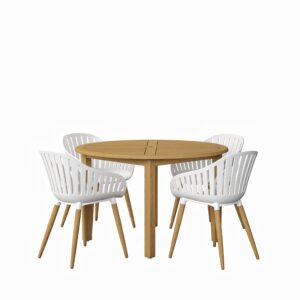 urban elements nature 5-piece wood patio furniture set | teak finish 100% fsc eucalyptus | backyard, outside table and chairs, round outdoor dining set for 4, patio dining set for 4 (white)