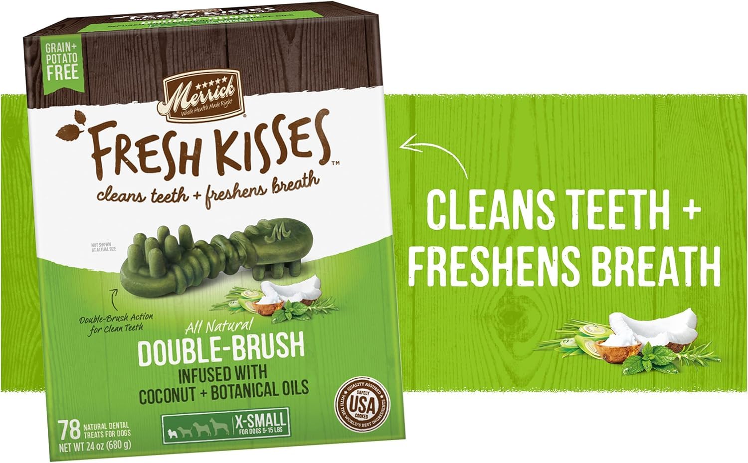 (2 Pack) Merrick Fresh Kisses Double-Brush Dental Dog Treats, Infused with Coconut & Botanical Oils and Mint Breath Strips, Cleans & Freshens Breath for Large Dogs, 16 Dental Dog Treats/Pack (Large)