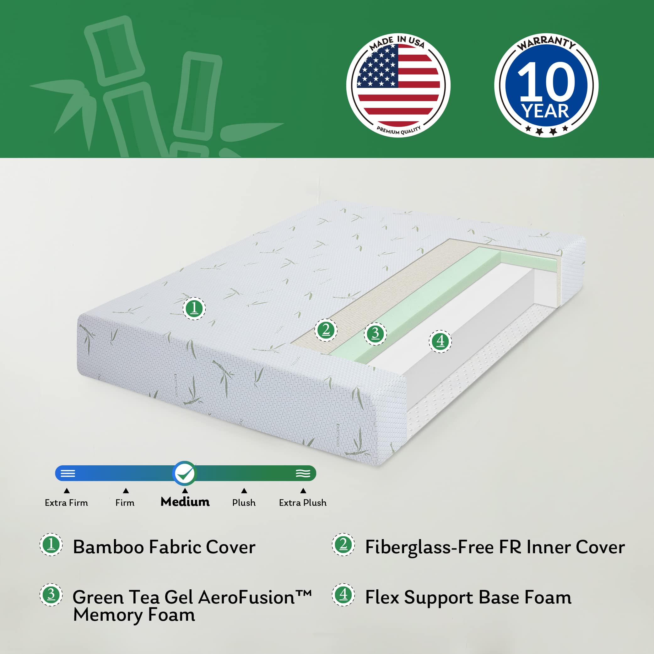 Coolsence Twin Cool Gel Memory Foam Mattress Bed in a Box 10 Inch, CertiPUR-US Certified Bamboo Cover Green Tea Mattress Made in USA, Medium Firm, 38”x75”x10”