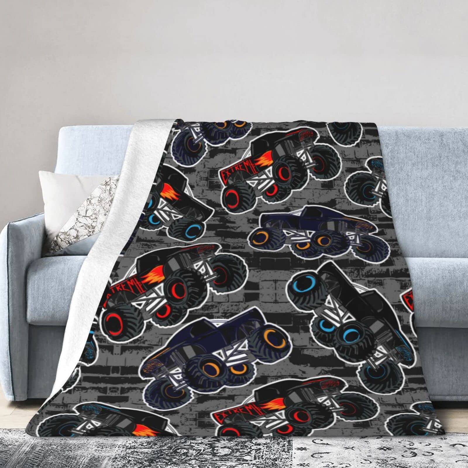 Perinsto Monster Truck Boys Style Throw Blanket Ultra Soft Warm All Season Decorative Fleece Blankets for Bed Chair Car Sofa Couch Bedroom 60"X50"