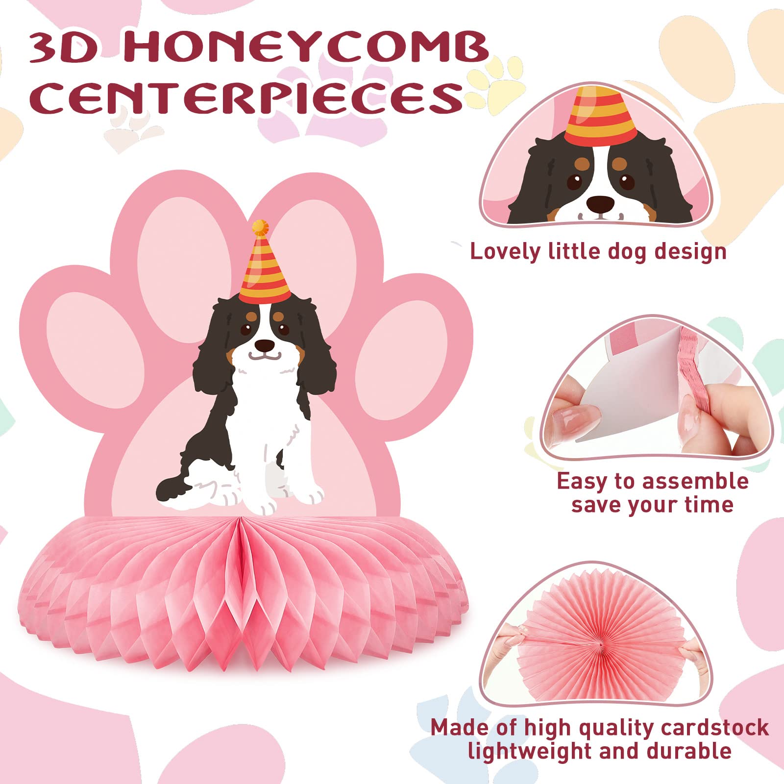 Ferraycle 8 Pcs Dog Themed Party Table Decorations Pink Dog 3D Honeycomb Centerpieces Dog Birthday Party Supplies Dog Centerpieces Decorations for Puppy Paw Print Birthday Supplies Baby Shower