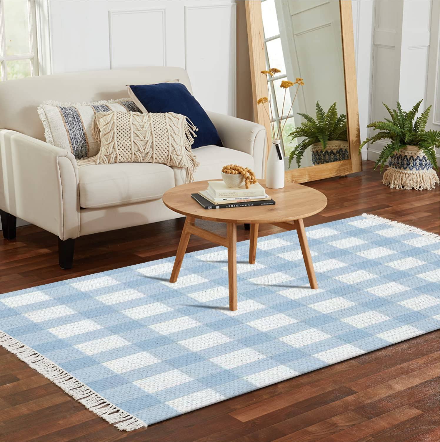 DGAIER Woven Rug Baby Blue Gingham Plaid Seamless Buffalo Check Surface Design Boho Woven Rug Patio Mat Outdoor Scandinavian Rug Minimalist Home Decor Living Room Bedroom Playroom Bathroom Rug 4x6'