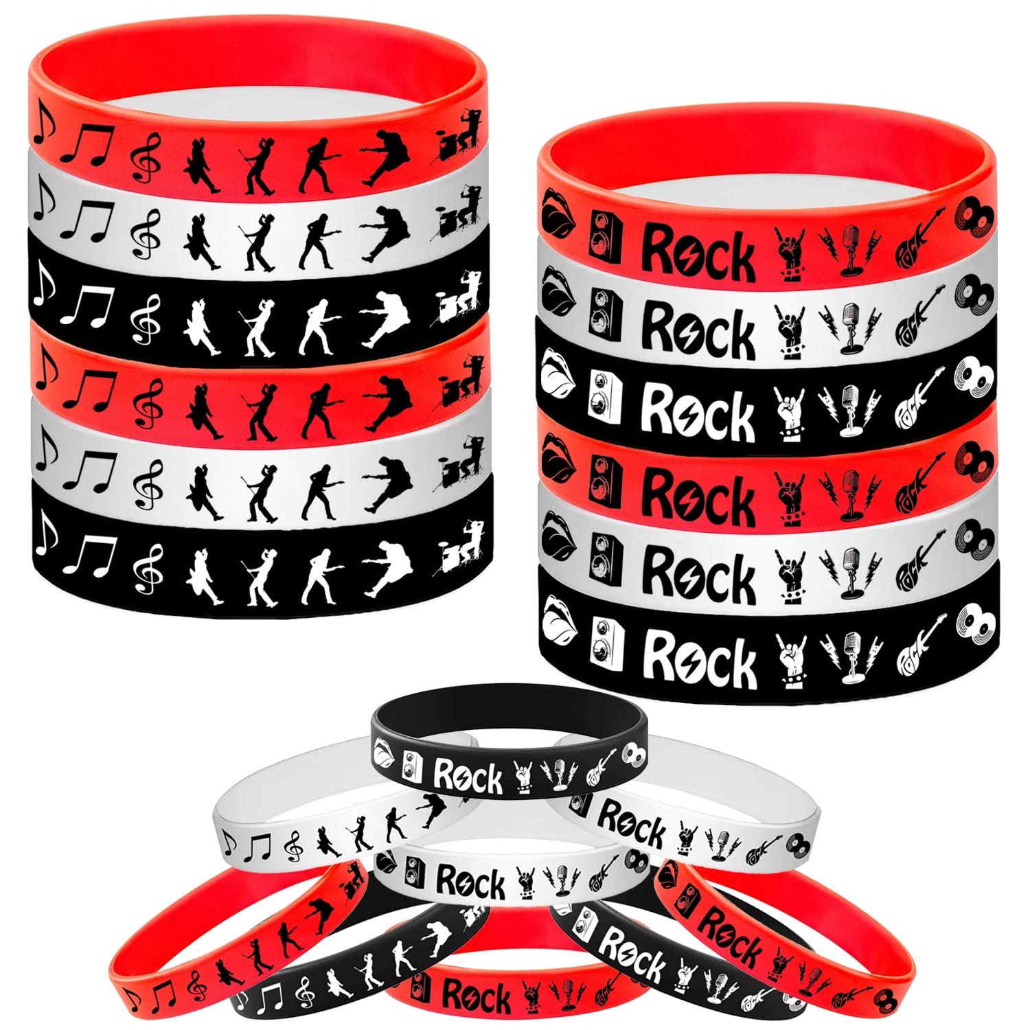 ATSMOICY 24PCS Rock and Roll Rubber Bracelets Silicone Wristbands -80s 90s Party Supplies Musician Guitar Rap Birthday Baby Shower Party Favors