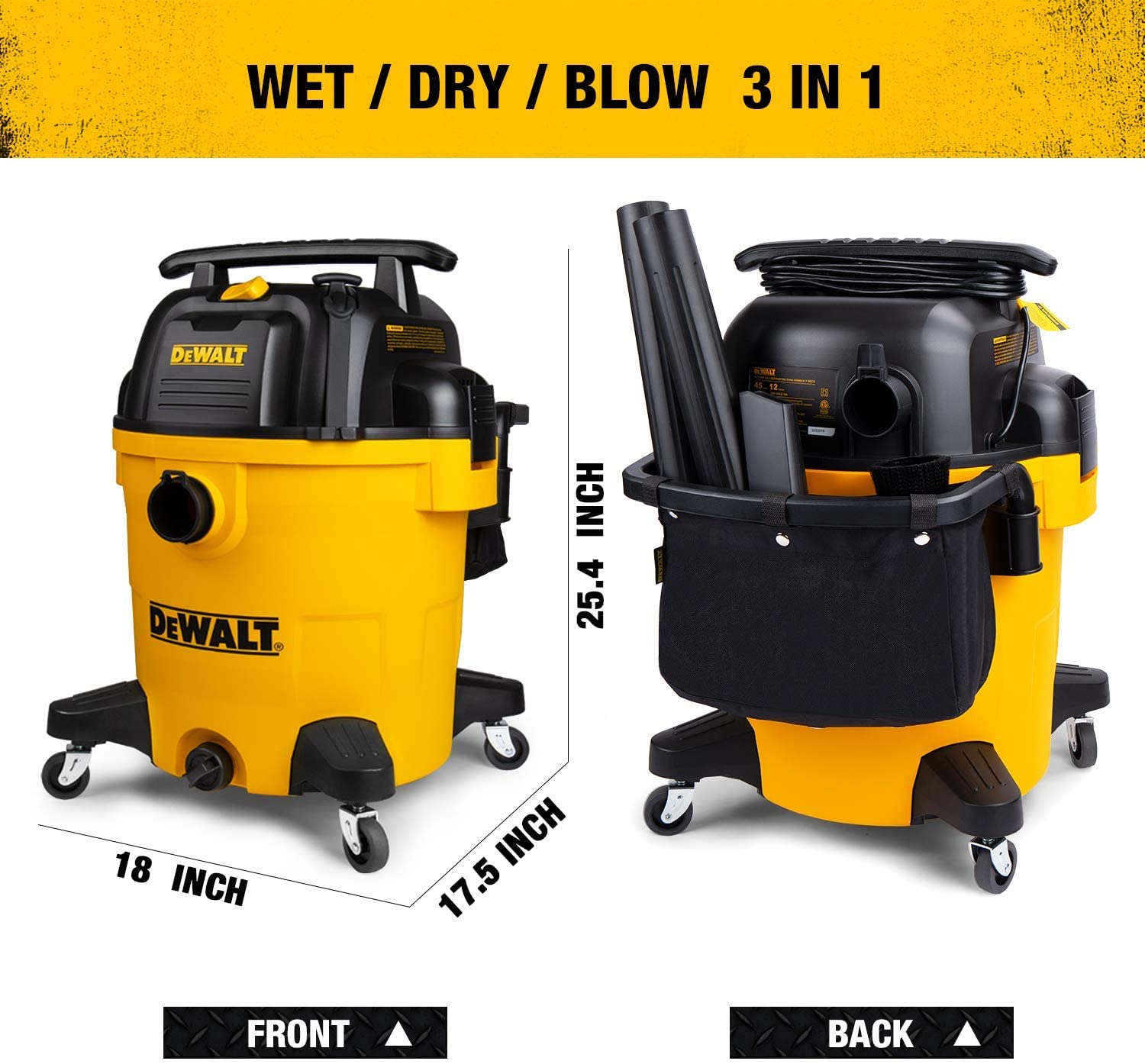 DEWALT Poly Wet/Dry Vacuum DXV12P 12 Gallon Professional Shop Vacuum, 5.5 HP Power, 27 ft Working Range