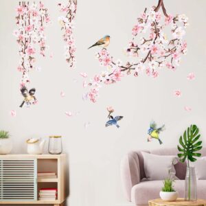 decalmile Cherry Blossom Branch Wall Stickers Pink Flower Birds Wall Decals Bedroom Living Room TV Wall Home Decor