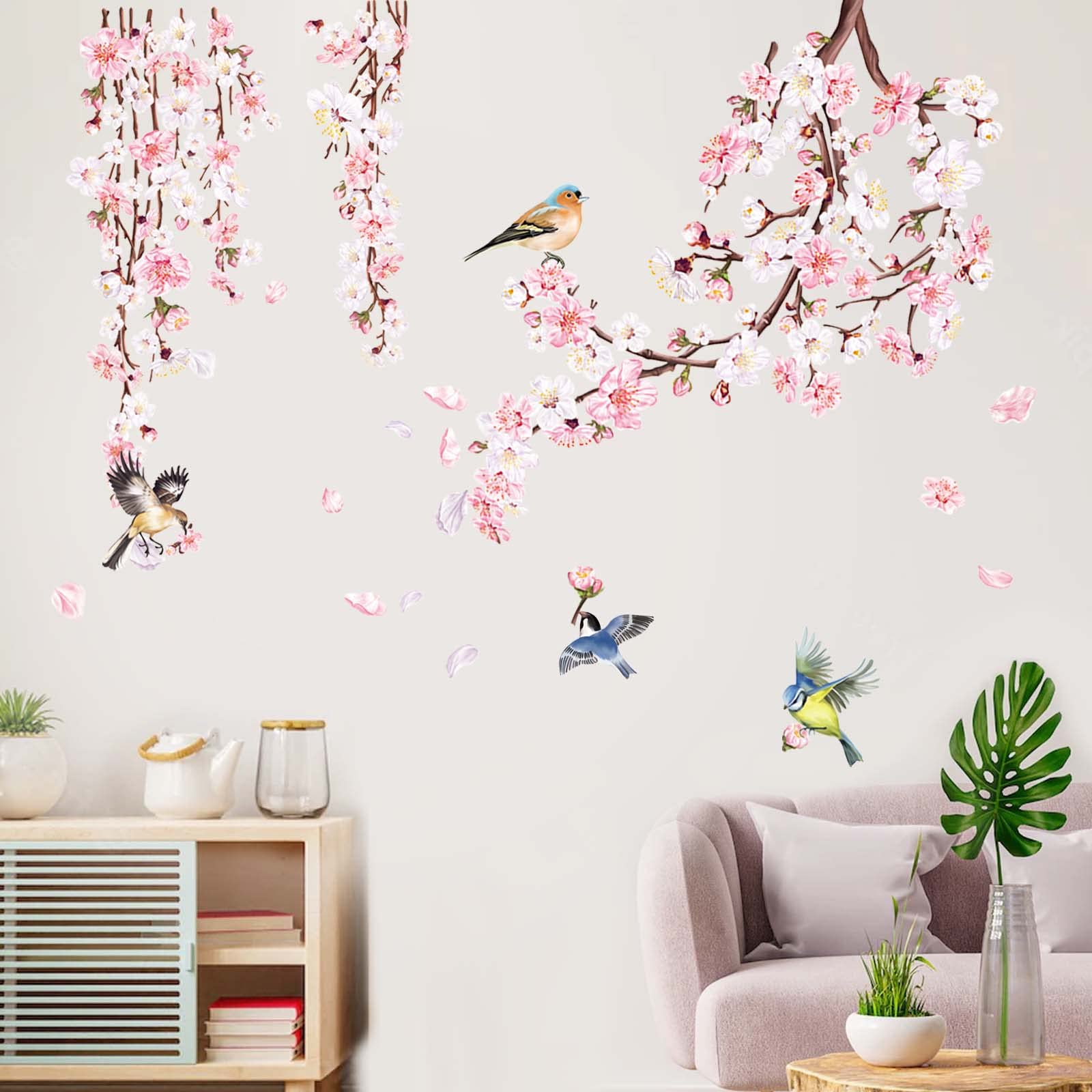 decalmile Cherry Blossom Branch Wall Stickers Pink Flower Birds Wall Decals Bedroom Living Room TV Wall Home Decor