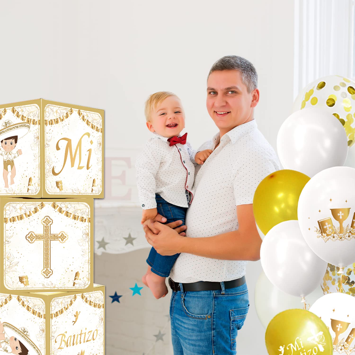 Mexico Mi Bautizo Boxes Decorations Stereoscopic Gold Mi Bautizo Boy Baptism Boxes With Balloons for Boy God Bless,Baptism Party Decoration Christening Photo Background Baby Boy First Holy Communion