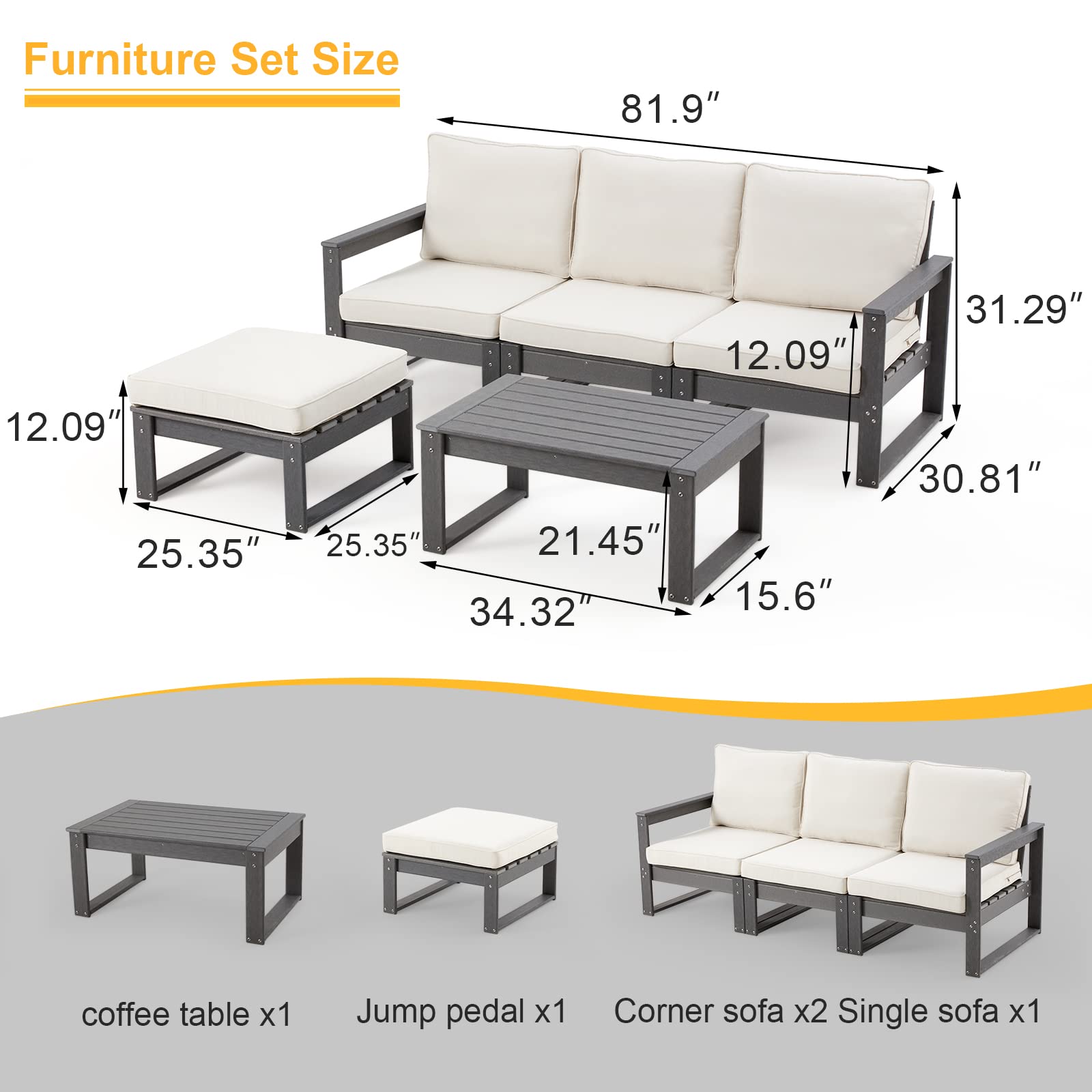 YOLENY 3-Piece Outdoor Patio Furniture Set, HDPE Sectional Sofa, Patio Conversation Set with Creamy-White Cushions and Tea Table, for Patio, Backyard, Garden, Deck, Grey