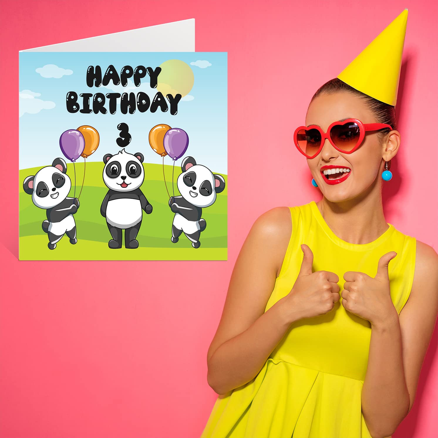 3rd Birthday Card Unisex - Panda Party - Happy Birthday Card 3 Year Old, 5.7 x 5.7 Inch Cute Greeting Card for Son Daughter Brother Sister Grandson Granddaughter Niece Nephew Cousin