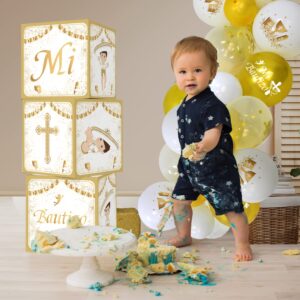 Mexico Mi Bautizo Boxes Decorations Stereoscopic Gold Mi Bautizo Boy Baptism Boxes With Balloons for Boy God Bless,Baptism Party Decoration Christening Photo Background Baby Boy First Holy Communion