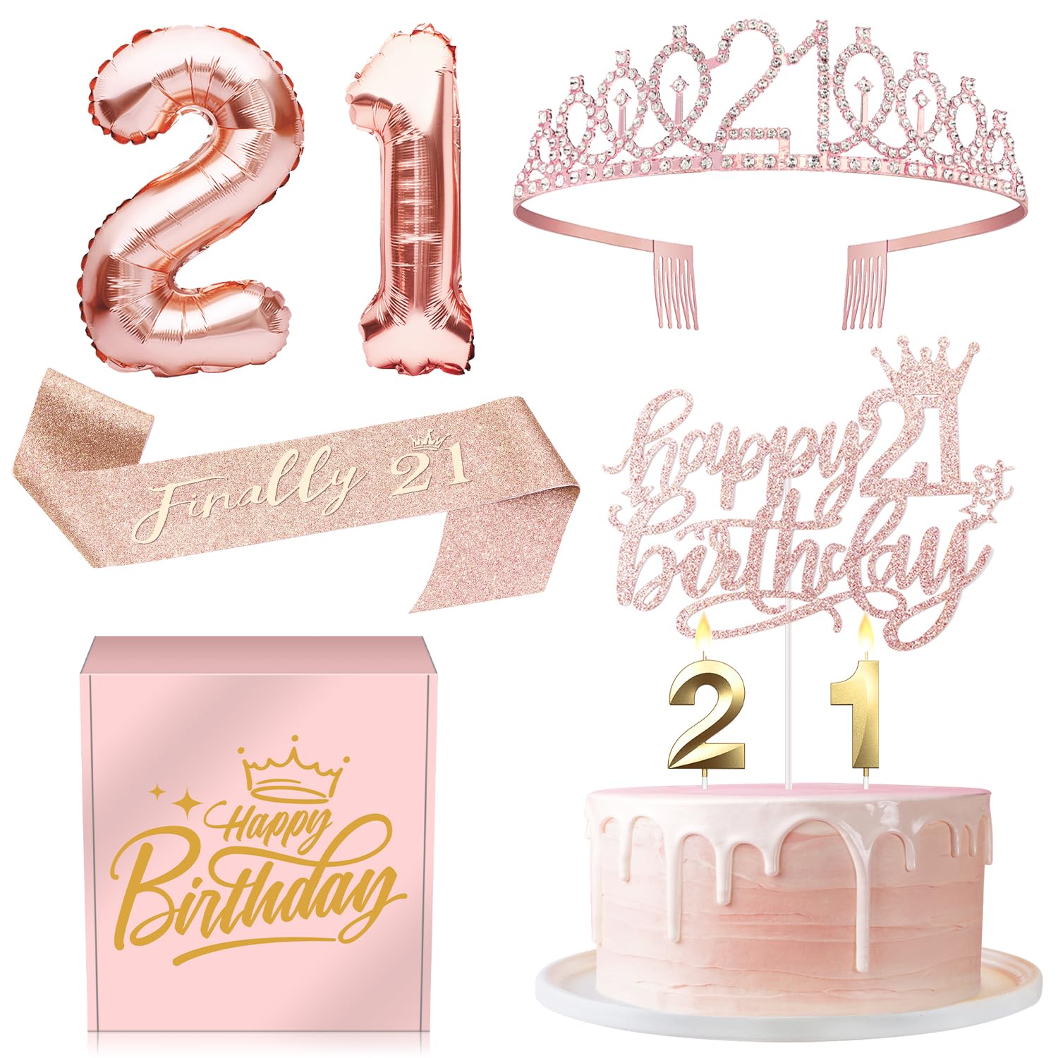 21st Birthday Gifts Decorations for Her - 21 Birthday Cake Topper, Balloons, Queen Sash, Crown and Candle Set, Rose Gold