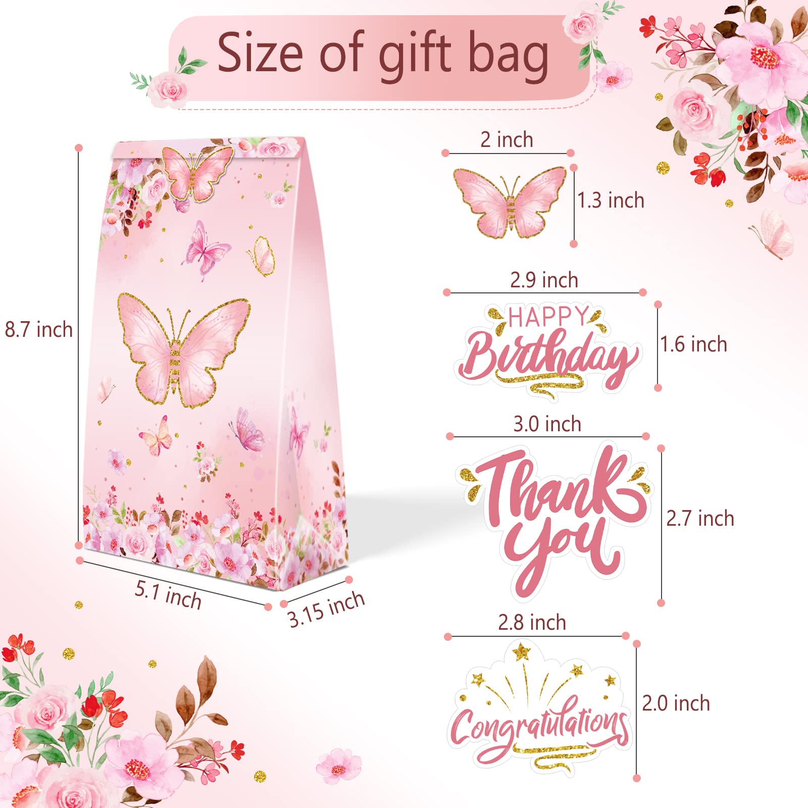 LWBDD Butterfly Candy Gift Bags 24 Pieces Pink and Purple Bags Rainbow Party Decorations Butterfly Supplies for Birthday Party Paper Gift Bag with 24 Stickers For Valentine's Day & Easter