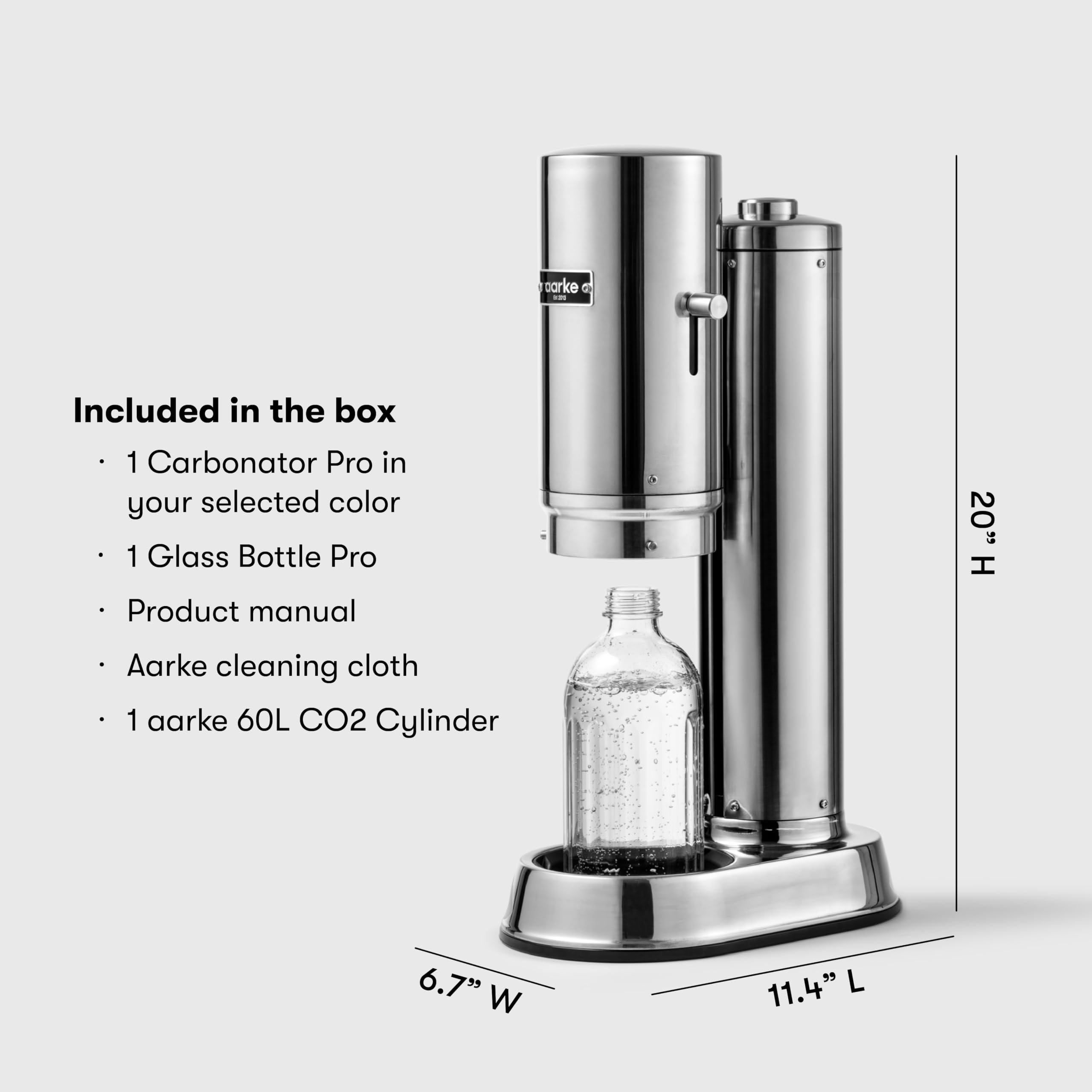 aarke Carbonator Pro, Sparkling & Carbonation Water Machine, Stainless Steel with Glass Reusable Bottle Volume 800 mL and CO2 Cylinder (Stainless)