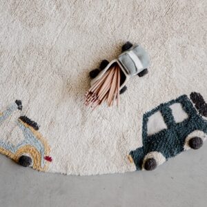 Lorena Canals| Washable Area Rugs for Kids Eco City - Wheels, Handmade in Natural, Ø 4' 7"