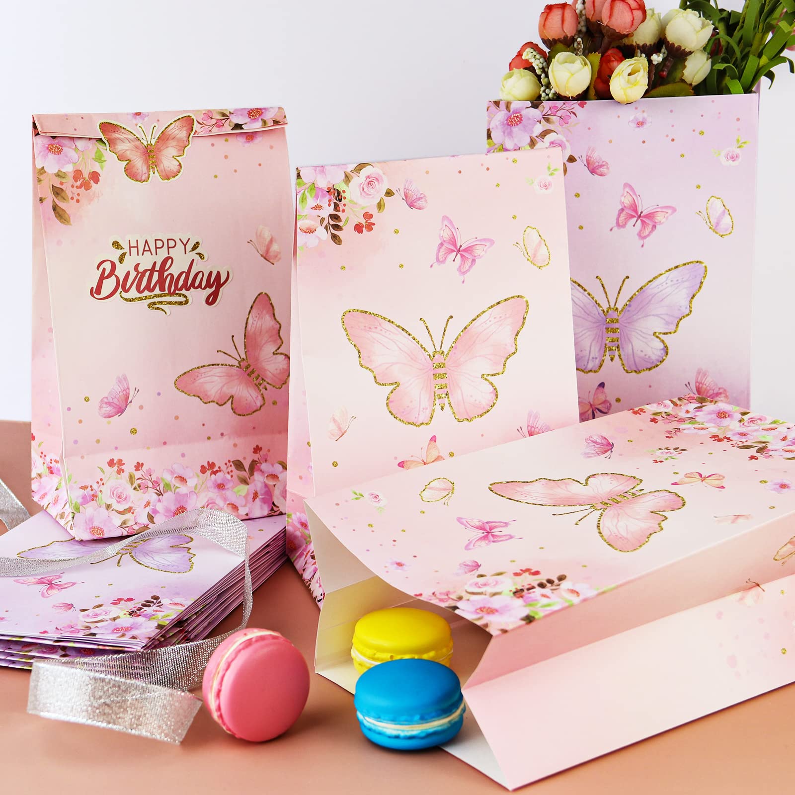 LWBDD Butterfly Candy Gift Bags 24 Pieces Pink and Purple Bags Rainbow Party Decorations Butterfly Supplies for Birthday Party Paper Gift Bag with 24 Stickers For Valentine's Day & Easter