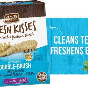 (2 Pack) Merrick Fresh Kisses Double-Brush Dental Dog Treats, Infused with Coconut & Botanical Oils and Mint Breath Strips, Cleans & Freshens Breath for Large Dogs, 16 Dental Dog Treats/Pack (Large)