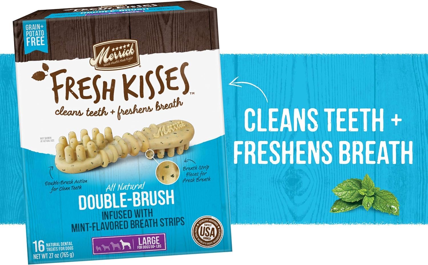 (2 Pack) Merrick Fresh Kisses Double-Brush Dental Dog Treats, Infused with Coconut & Botanical Oils and Mint Breath Strips, Cleans & Freshens Breath for Large Dogs, 16 Dental Dog Treats/Pack (Large)