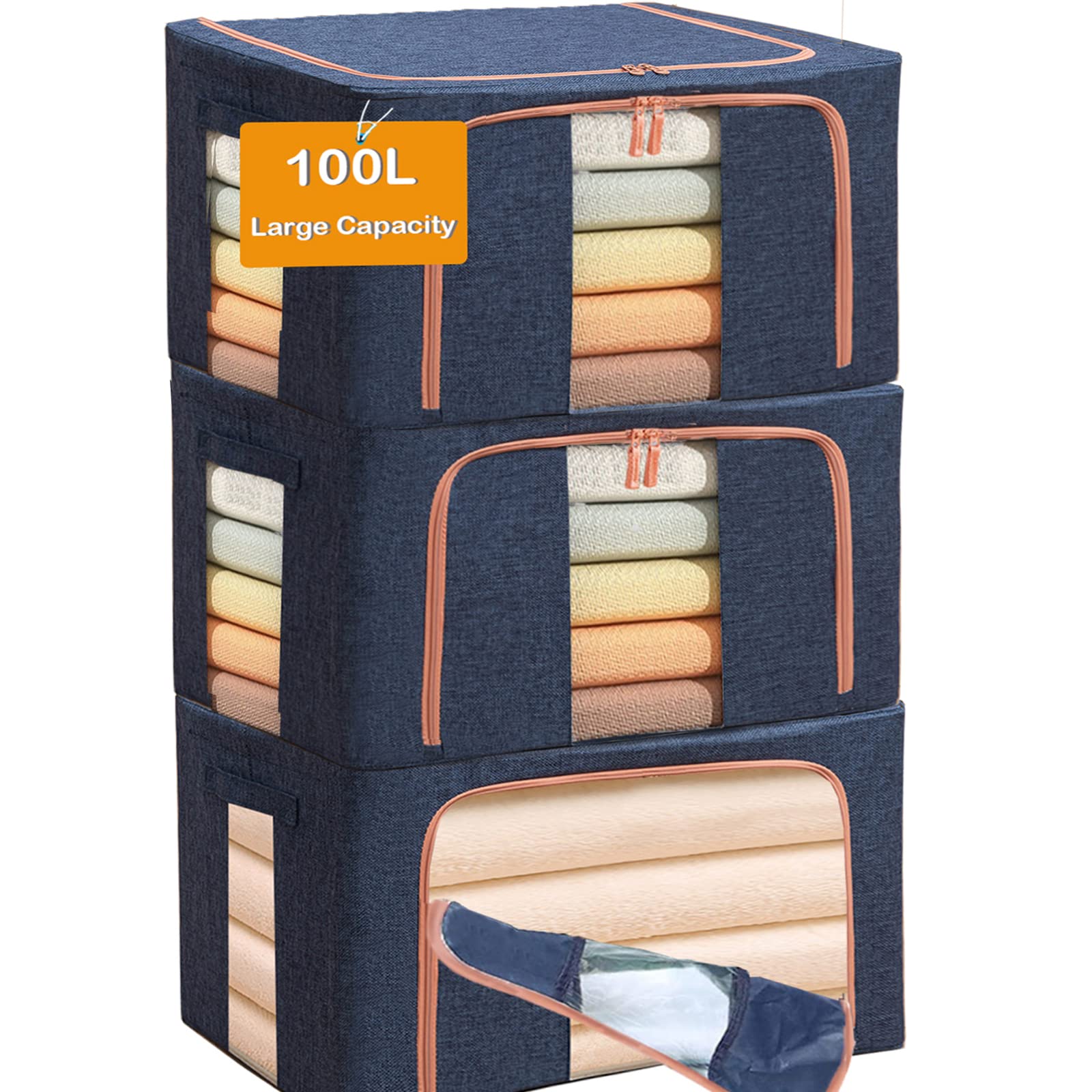 Large Capacity Clothes Storage Bags,Stackable Storage Organizer with Foldable Metal Frame, Zipper, Handles, Clear Window, Navy, 3 Pack)