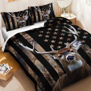 HOSIMA Deer Hunting Bedding Sets,Deer and American Flag Duvet Cover for Hunter Bedroom Decor with 2 Pillowcases Camouflage Bedding Sets for Adult Teen boy Bedding.