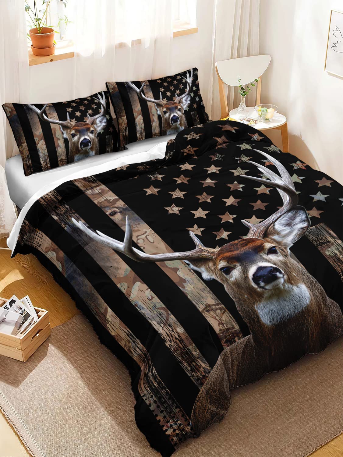 HOSIMA Deer Hunting Bedding Sets,Deer and American Flag Duvet Cover for Hunter Bedroom Decor with 2 Pillowcases Camouflage Bedding Sets for Adult Teen boy Bedding.