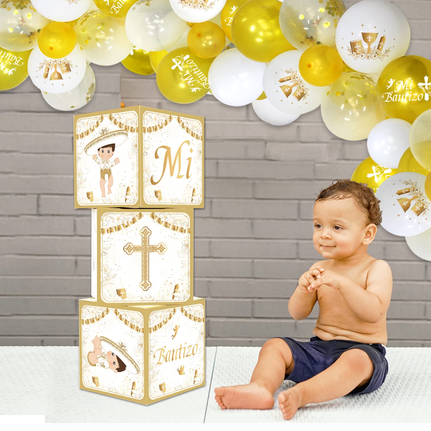 Mexico Mi Bautizo Boxes Decorations Stereoscopic Gold Mi Bautizo Boy Baptism Boxes With Balloons for Boy God Bless,Baptism Party Decoration Christening Photo Background Baby Boy First Holy Communion