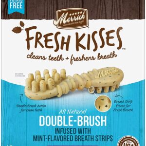 (2 Pack) Merrick Fresh Kisses Double-Brush Dental Dog Treats, Infused with Coconut & Botanical Oils and Mint Breath Strips, Cleans & Freshens Breath for Large Dogs, 16 Dental Dog Treats/Pack (Large)