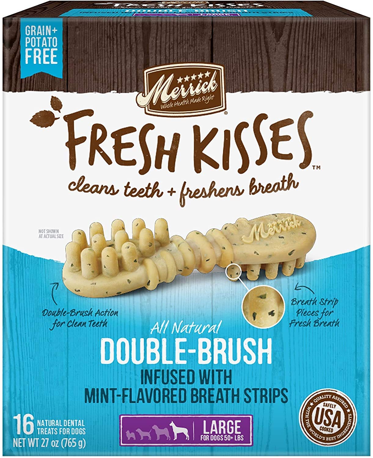 (2 Pack) Merrick Fresh Kisses Double-Brush Dental Dog Treats, Infused with Coconut & Botanical Oils and Mint Breath Strips, Cleans & Freshens Breath for Large Dogs, 16 Dental Dog Treats/Pack (Large)